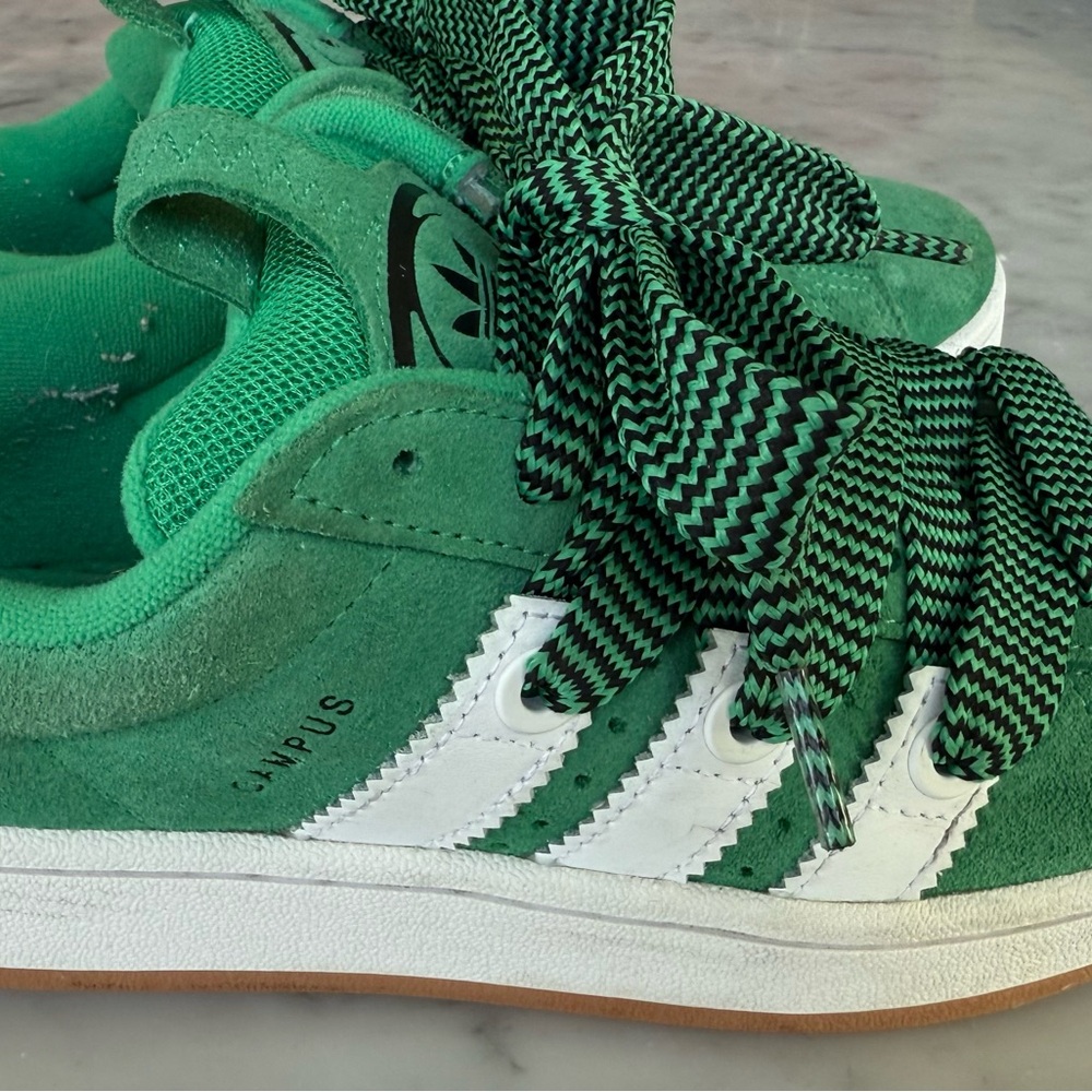 adidas Campus Green Suede Sneakers with White Stripes and Gum Sole - Picture 2 of 7
